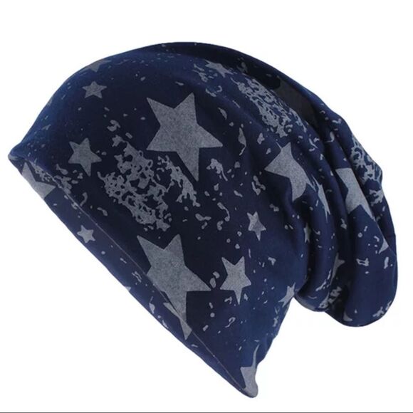 Navy Blue Cosmic Stars Lightweight Year Round Cotton Beanies - NEW - Picture 1 of 4